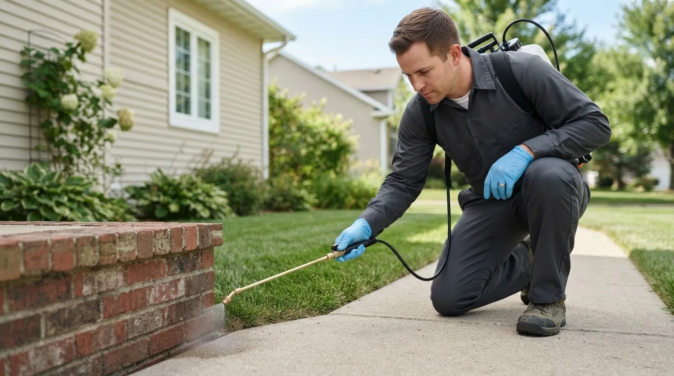 Pest control technician treating a home near Sutton, MA